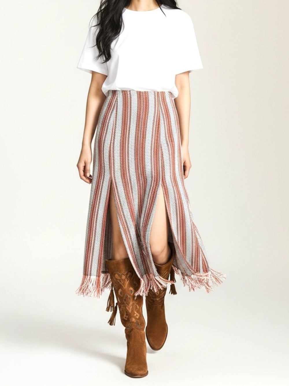 NWT 3.1 Phillip Lim Striped Boho Frige Berber Orange White Striped Midi Skirt 8
